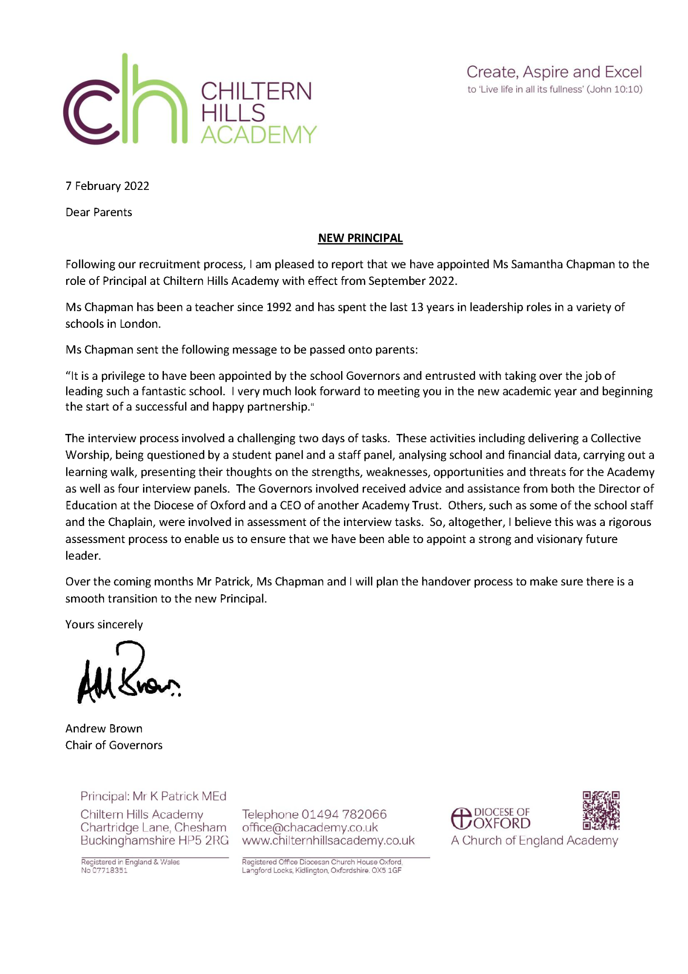 Chiltern Hills Academy Principal Appointment letter from Chair of