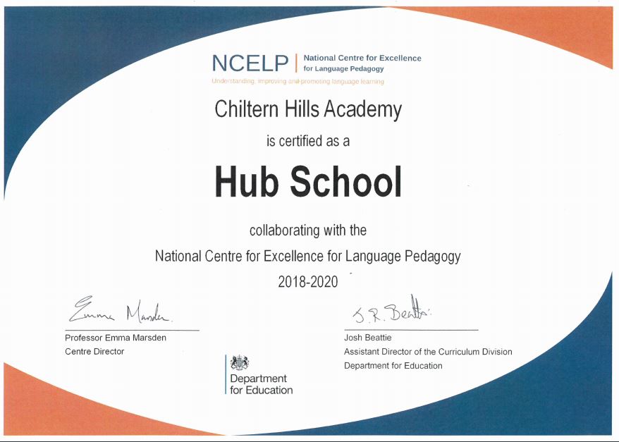 certificate for being hub school in National Centre for Excellence for Language Pedagogy 2018-2020